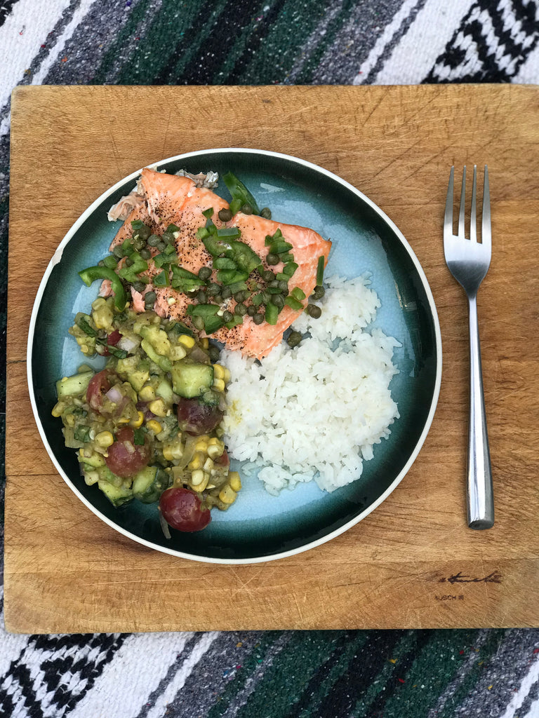 Roasted Salmon with Jalapeno-Caper Vinaigrette + Side Corn, Tomato Salad