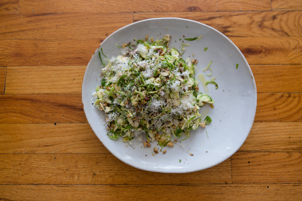 Raw Brussel Sprouts with Lemon, Anchovy, Walnuts & Pecorino