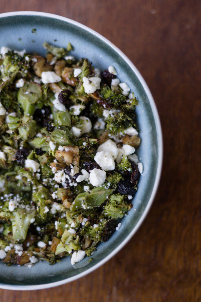 Roasted Broccoli Salad with Walnuts & Raisins