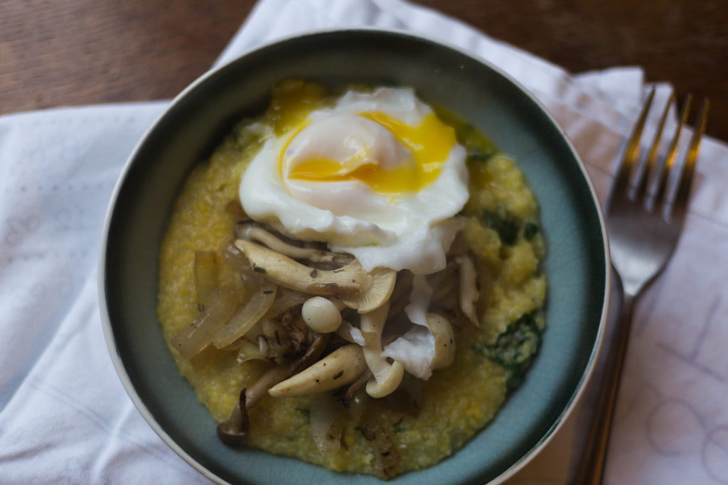 Poached Egg with Spinach Polenta & Mushrooms