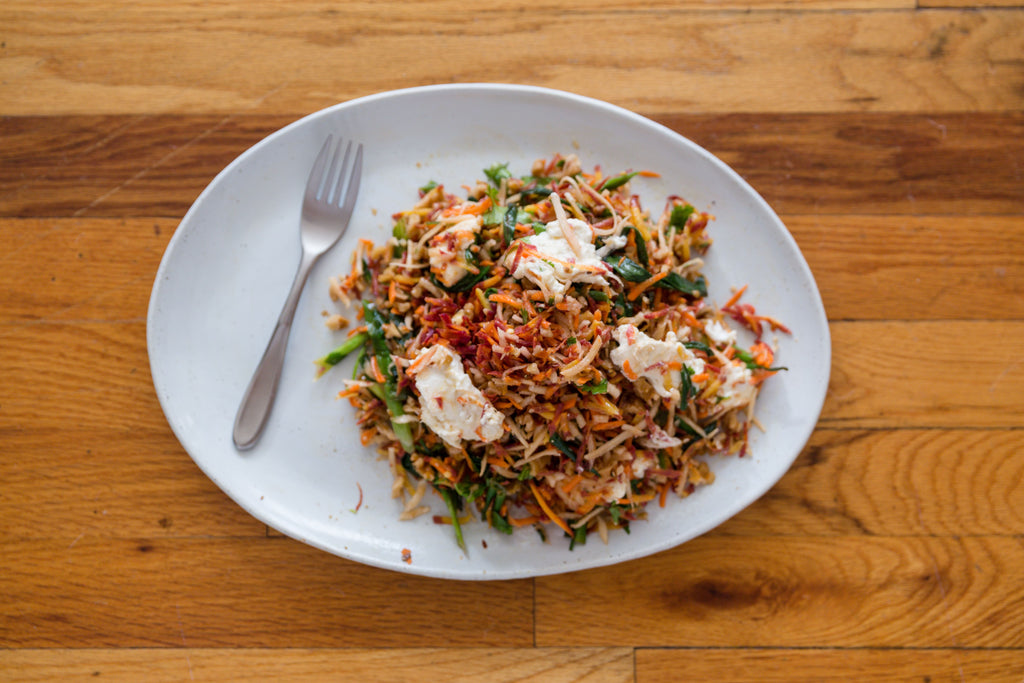 Grated Carrot Salad with Grilled Scallions, Walnuts, and Burrata